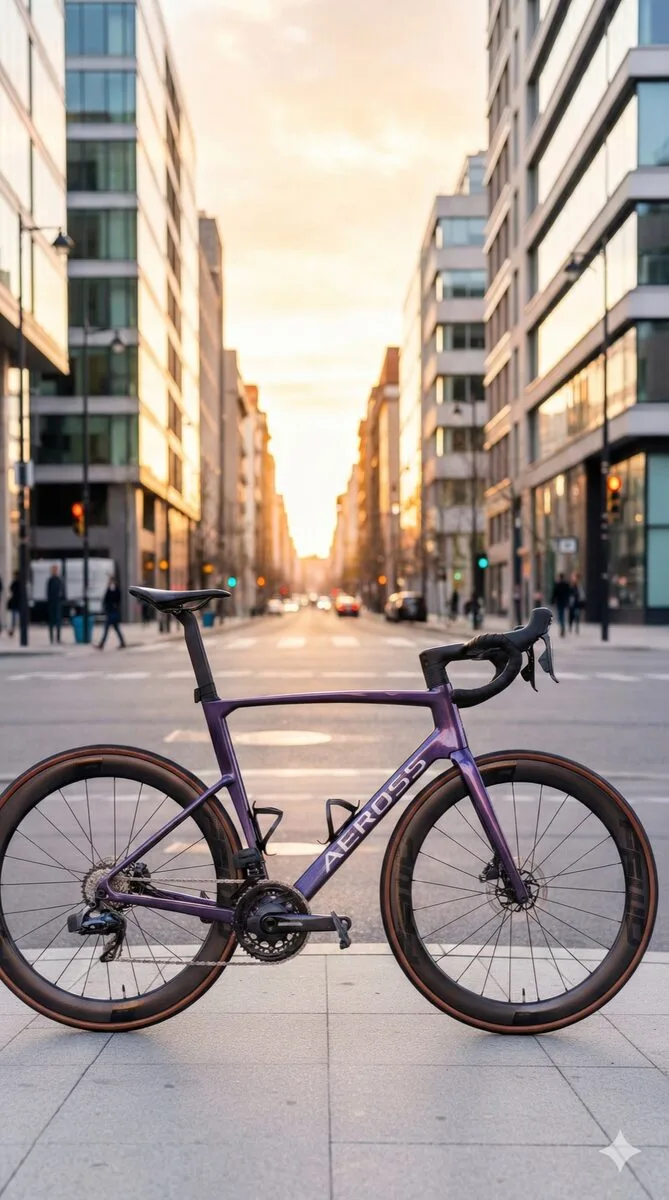 Paarse Aeross Aero Two bij zonsondergang in de stad